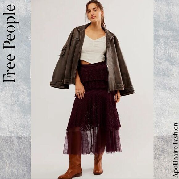 FREE PEOPLE LACE IN LOVE MAXI SKIRT IN VINTAGE WINE NWT SMALL, MEDIUM & LARGE - Picture 3 of 12